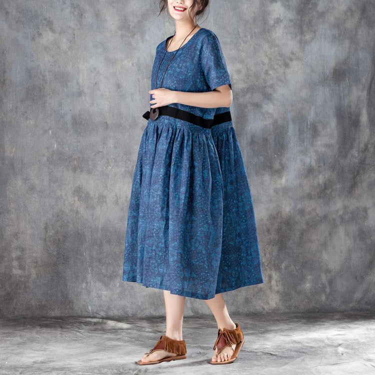 baggy long linen dresses Loose fitting Printed Lacing Short Sleeve Dresses Blue Pleated Dress - Omychic