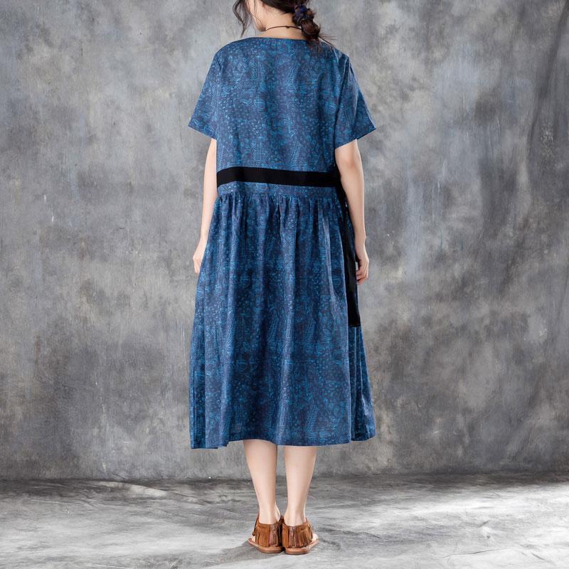baggy long linen dresses Loose fitting Printed Lacing Short Sleeve Dresses Blue Pleated Dress - Omychic