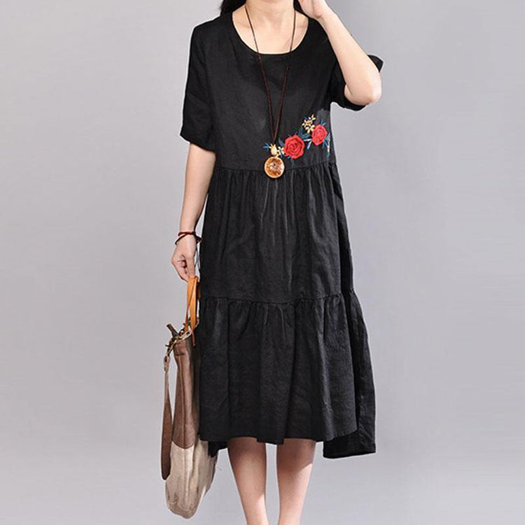 baggy long linen dresses trendy plus size Embroidered Round Neck Short Sleeve Flax Black Dress - Omychic