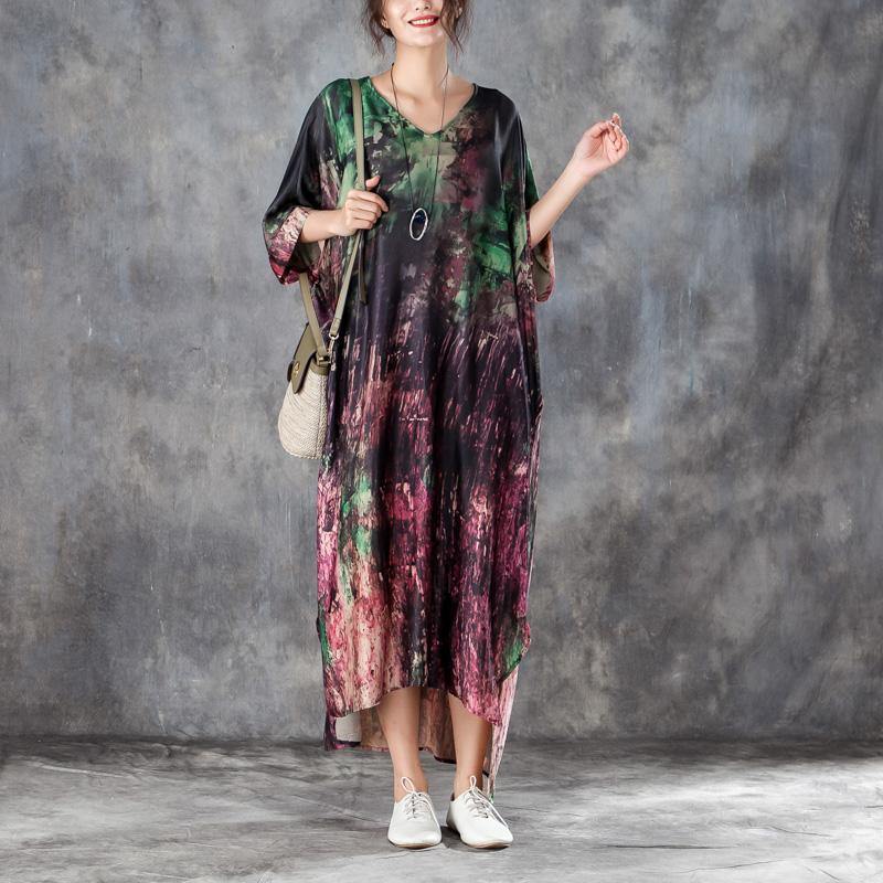 baggy long silk dress plus size clothing Loose V Neck 12 Sleeve Printed Irregular Dress - Omychic