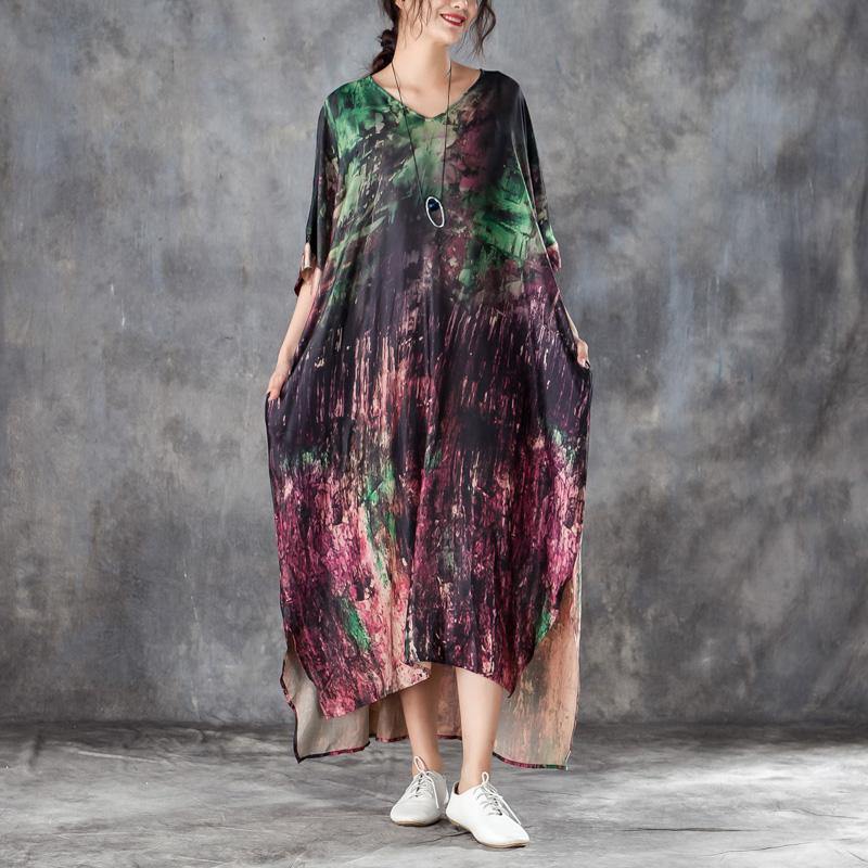baggy long silk dress plus size clothing Loose V Neck 12 Sleeve Printed Irregular Dress - Omychic