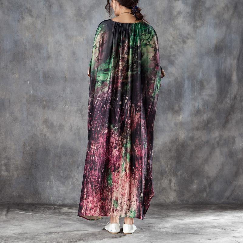 baggy long silk dress plus size clothing Loose V Neck 12 Sleeve Printed Irregular Dress - Omychic