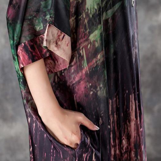 baggy long silk dress plus size clothing Loose V Neck 12 Sleeve Printed Irregular Dress - Omychic