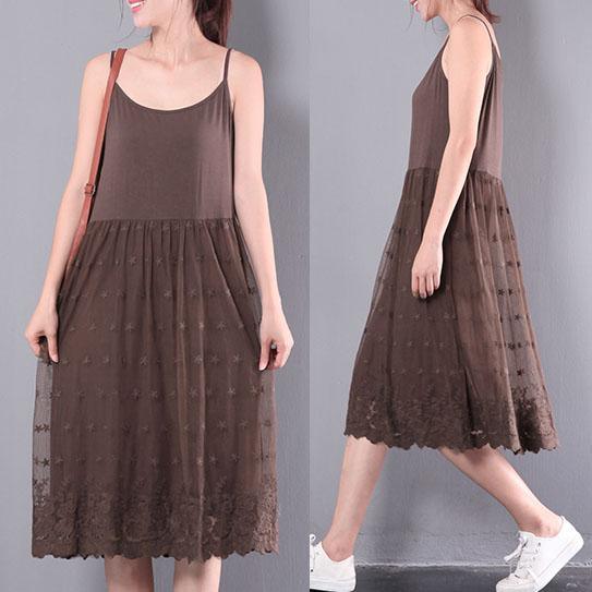 baggy loose brown cotton dresses plus size lace casual patchwork sundress sleeveless mid-dress - Omychic