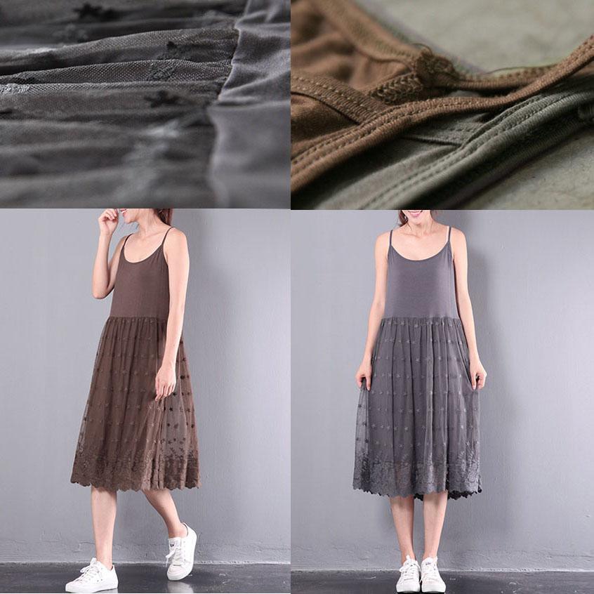 baggy loose brown cotton dresses plus size lace casual patchwork sundress sleeveless mid-dress - Omychic