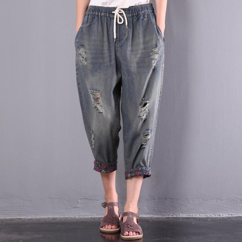 baggy loose jeans casual plus size  elastic waist ripped jeans - Omychic