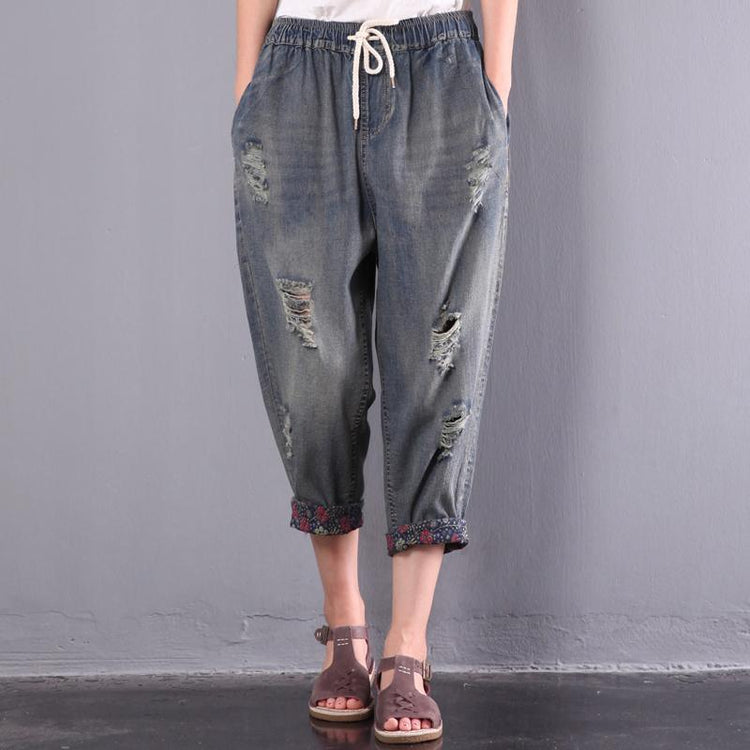baggy loose jeans casual plus size  elastic waist ripped jeans - Omychic