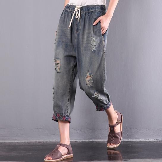 baggy loose jeans casual plus size  elastic waist ripped jeans - Omychic