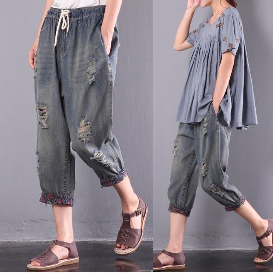 baggy loose jeans casual plus size  elastic waist ripped jeans - Omychic