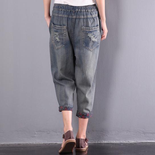 baggy loose jeans casual plus size  elastic waist ripped jeans - Omychic