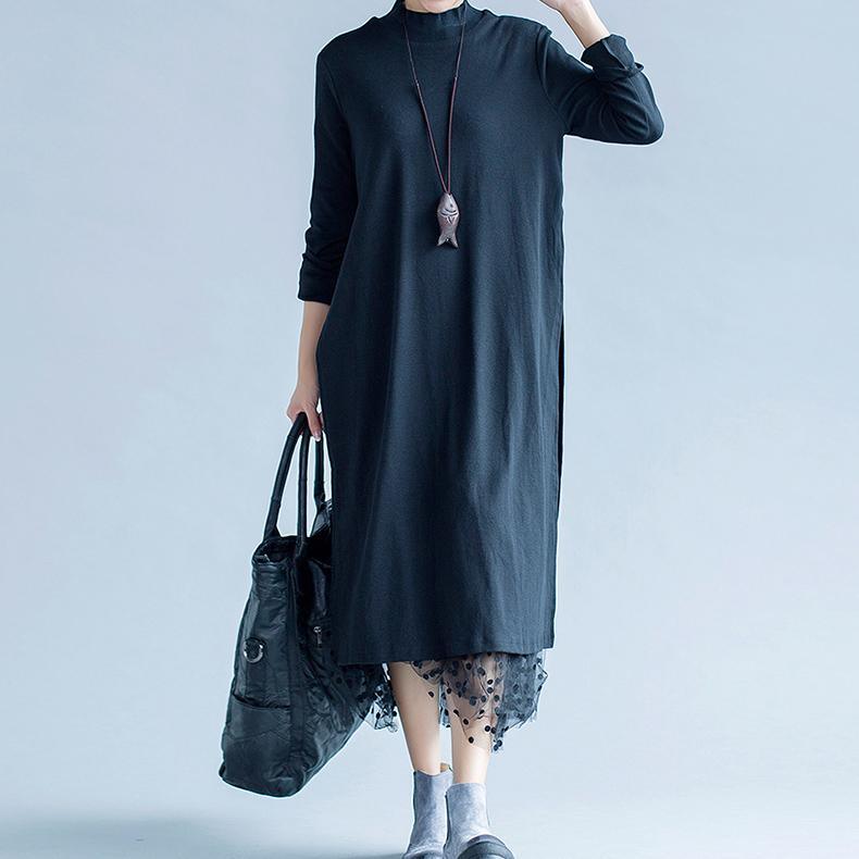 baggy loose spring black casual lace patchwork dress plus size slim o neck maxi dress - Omychic