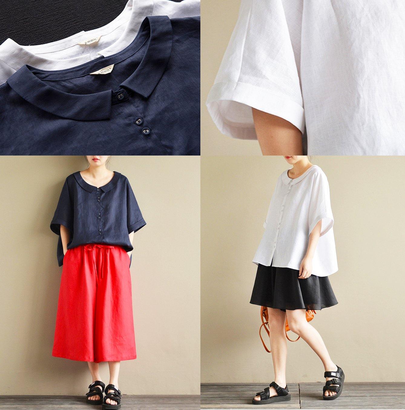 baggy loose white linen women blouse oversize tops Peter pan Collar shirts - Omychic