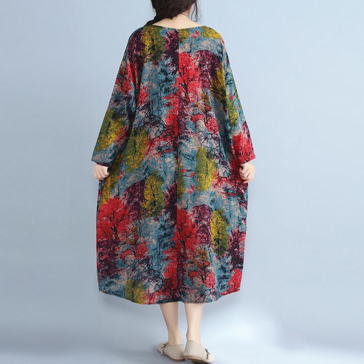baggy multi color natural linen dress  trendy plus size prints gown Fine o neck caftans - Omychic