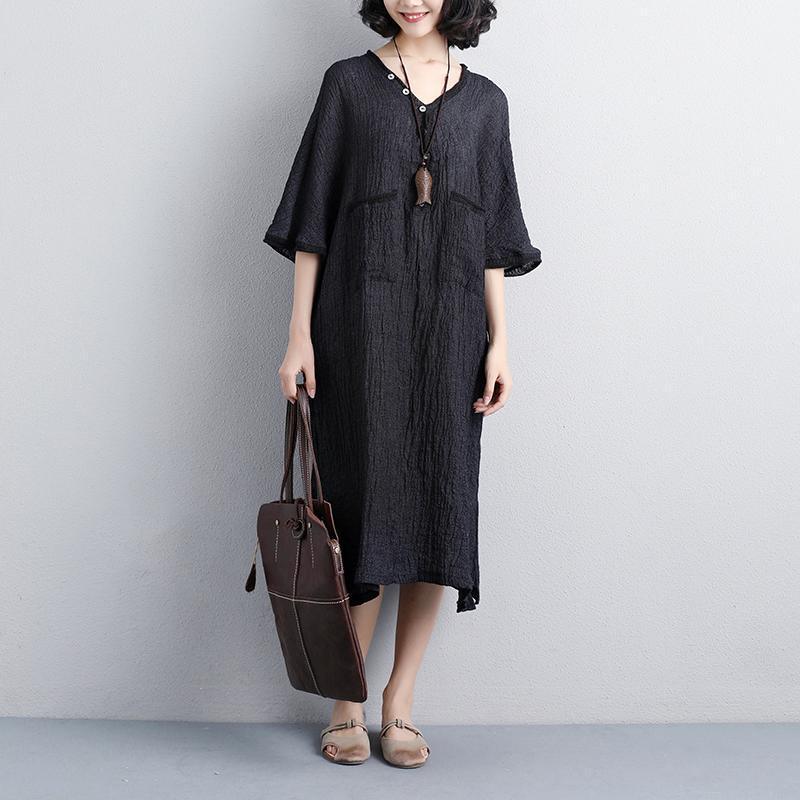 Baggy Natural Linen Dress Plus Size Clothing Loose V Neck 1/2 Sleeve Black Knitting Dress  ( Limited Stock) - Omychic