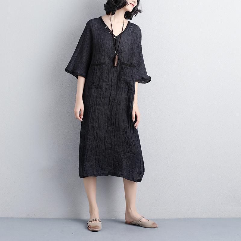 Baggy Natural Linen Dress Plus Size Clothing Loose V Neck 1/2 Sleeve Black Knitting Dress  ( Limited Stock) - Omychic