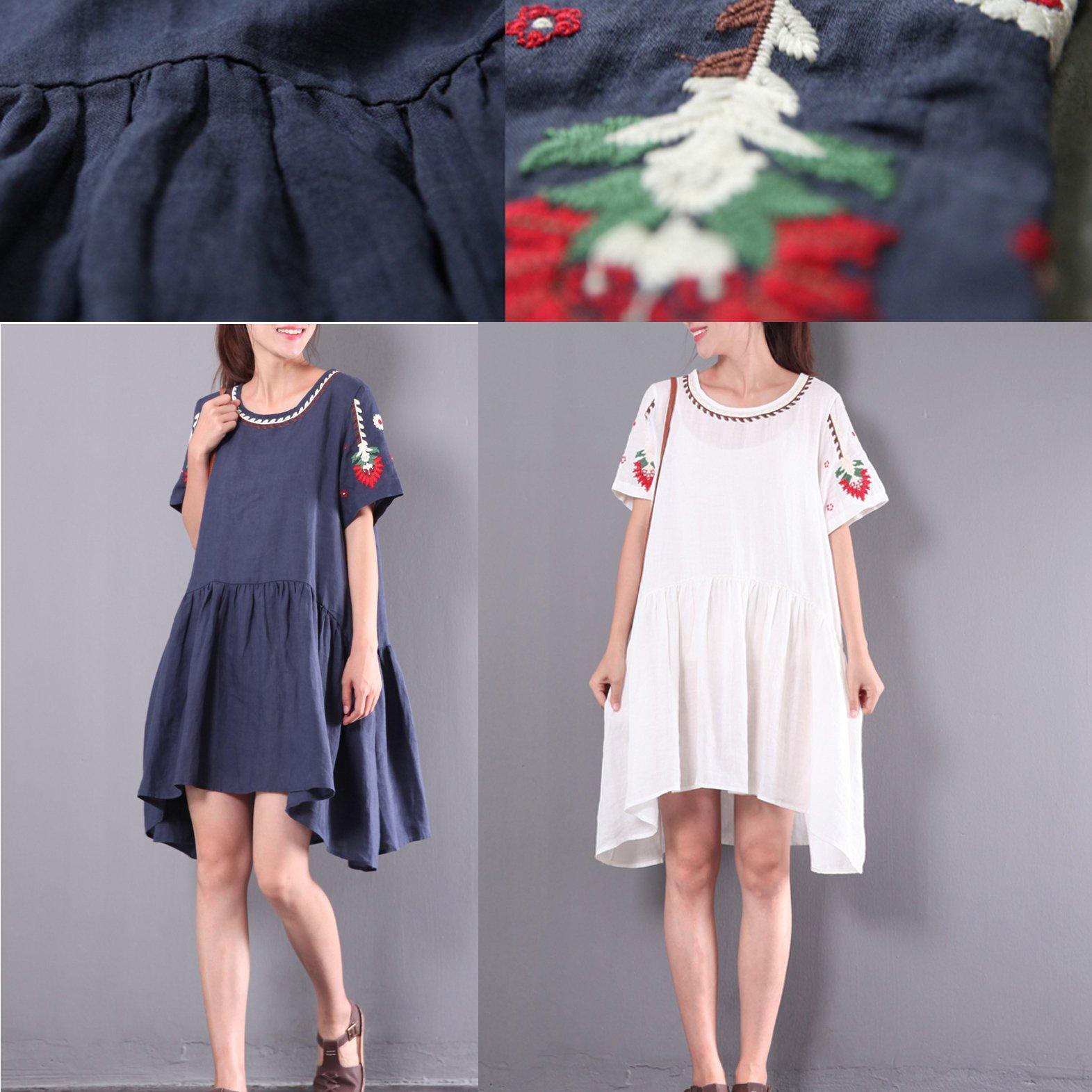 baggy navy linen sundress casual embroidery oversize traveling dresses o neck women dress - Omychic