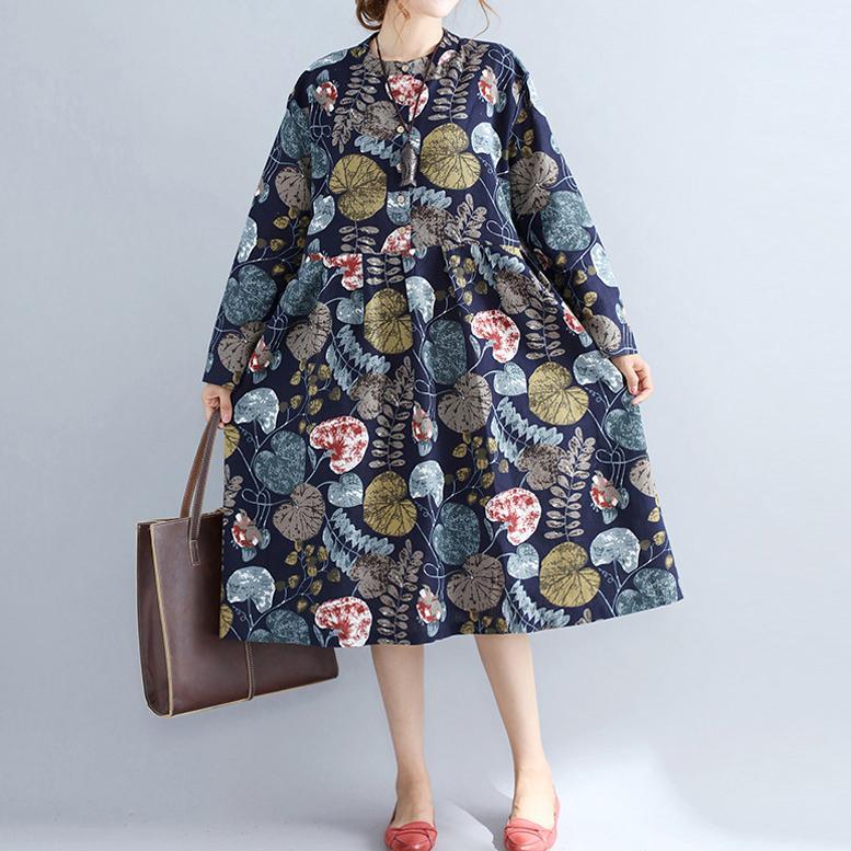 Baggy Navy Prints Linen Knee Dress Plus Size Traveling Clothing 2021 Long Sleeve Patchwork Cotton Clothing - Omychic