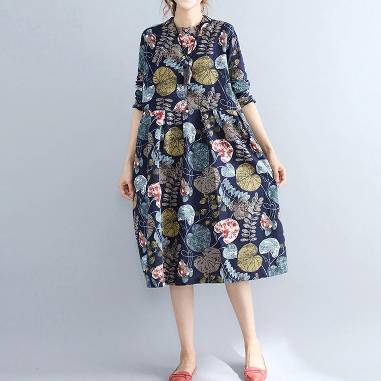 Baggy Navy Prints Linen Knee Dress Plus Size Traveling Clothing 2021 Long Sleeve Patchwork Cotton Clothing - Omychic