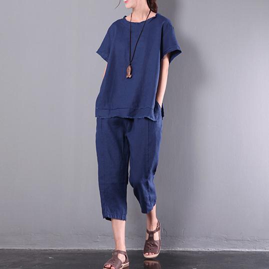 baggy new navy linen two pieces loose short sleeve tops and solid crop pants - Omychic