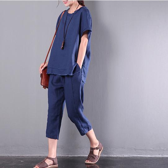 baggy new navy linen two pieces loose short sleeve tops and solid crop pants - Omychic