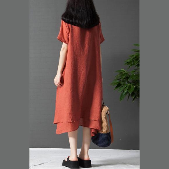 baggy orange asymmetric hem cotton sundress oversize casual dresses o neck maxi dress - Omychic