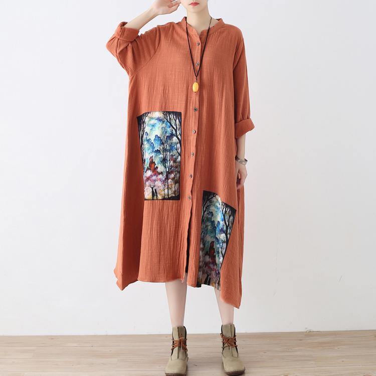 baggy orange long linen shirt dress plus size patchwork gown Fine asymmerrical linen caftans - Omychic