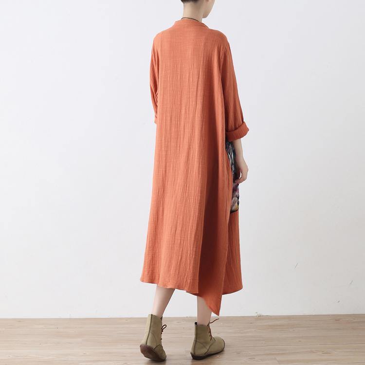 baggy orange long linen shirt dress plus size patchwork gown Fine asymmerrical linen caftans - Omychic
