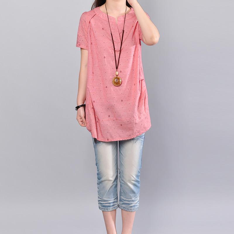 baggy pink Midi-length linen t shirt plussize shirts vintage wrinkled dotted linen blouses - Omychic