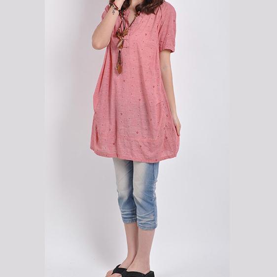 baggy pink Midi-length linen t shirt plussize shirts vintage wrinkled dotted linen blouses - Omychic
