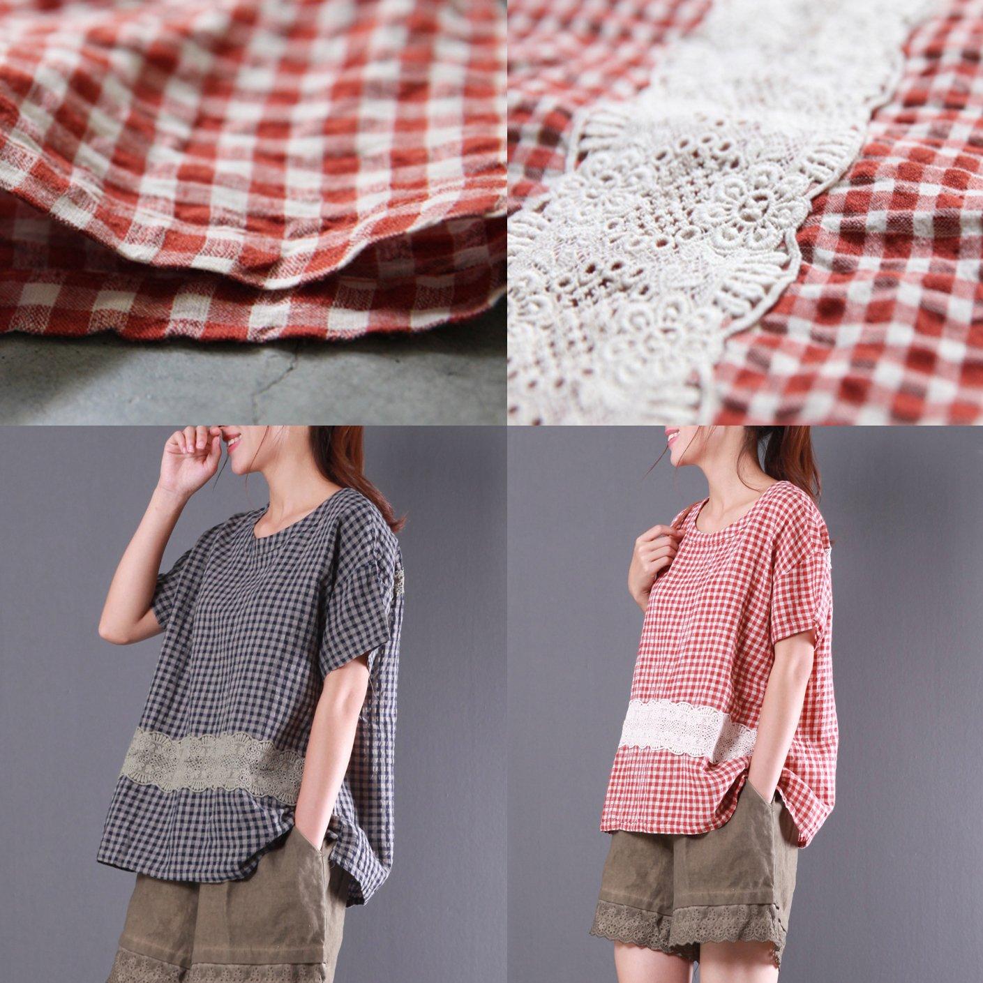 baggy pink grid cotton tops plus size patchwork lace sundress short sleeve t shirt - Omychic