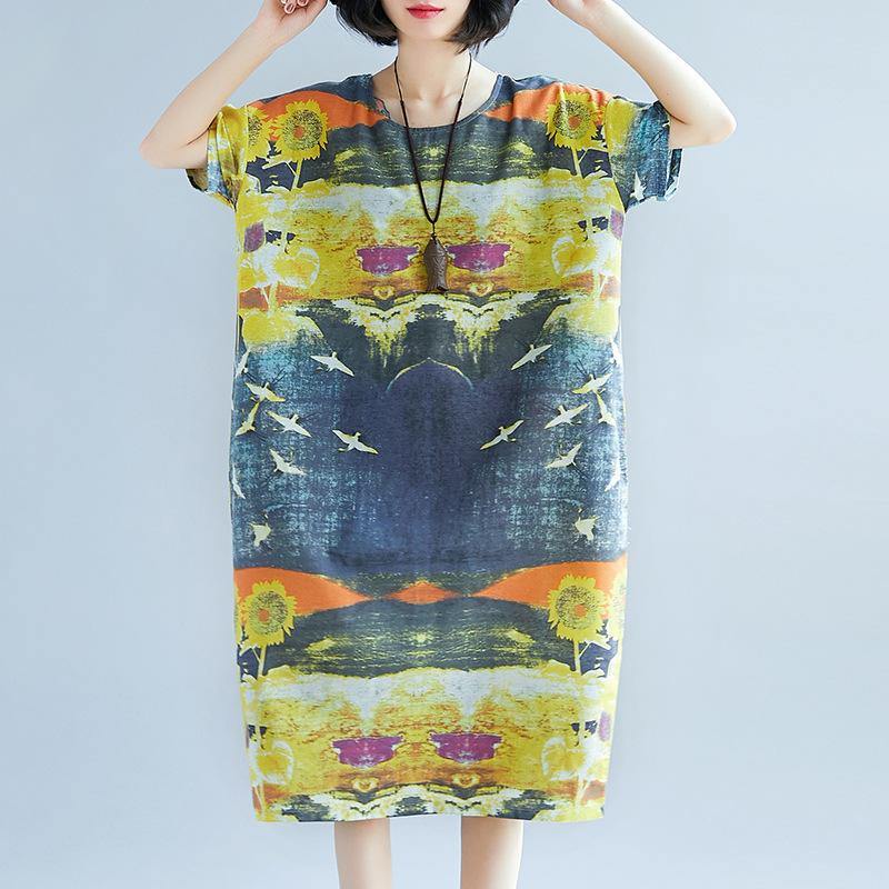 baggy prints natural linen dress trendy plus size short sleeve linen clothing dress vintage o neck kaftans - Omychic