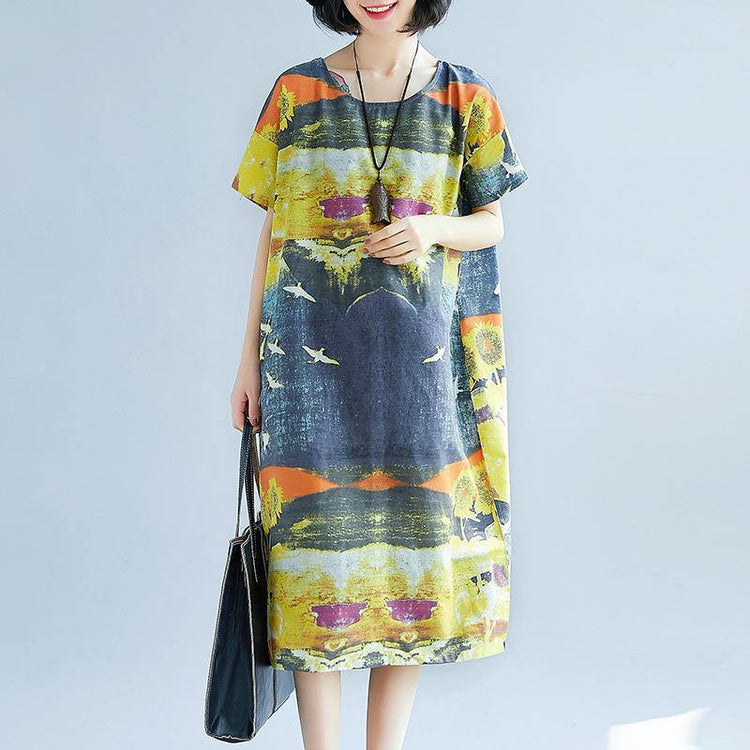 baggy prints natural linen dress trendy plus size short sleeve linen clothing dress vintage o neck kaftans - Omychic