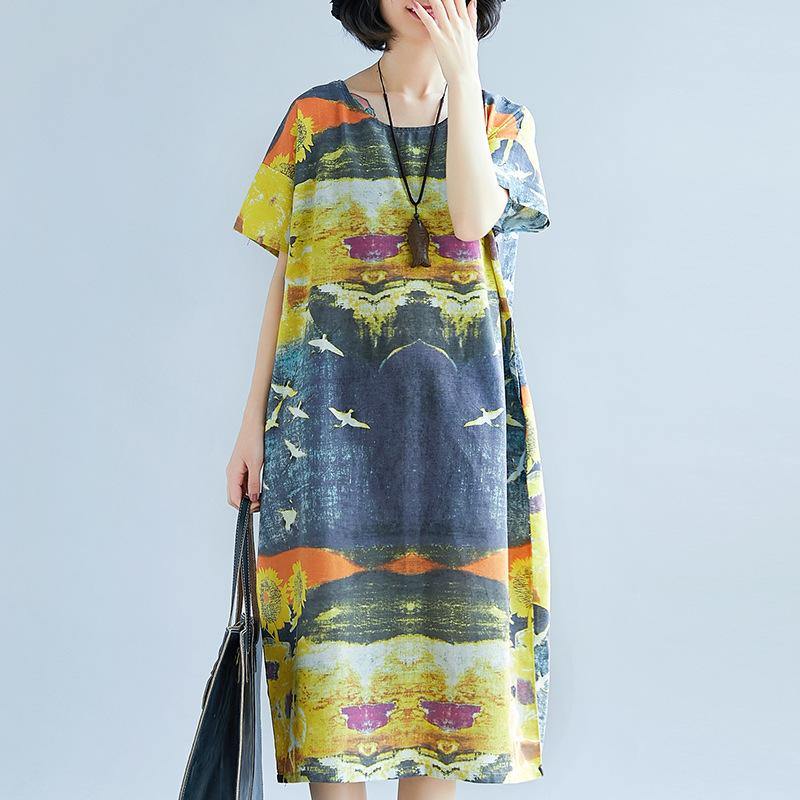 baggy prints natural linen dress trendy plus size short sleeve linen clothing dress vintage o neck kaftans - Omychic