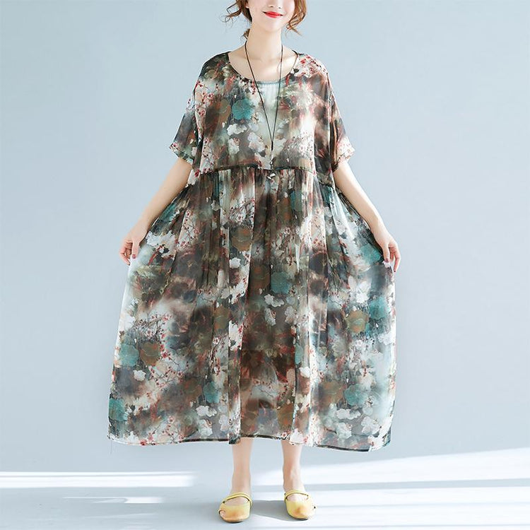 baggy prints pure chiffon dress oversize chiffon maxi dress 2018short sleeve elastic waist chiffon dress - Omychic