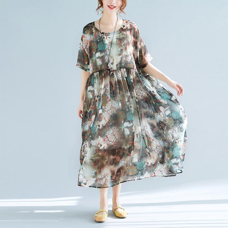 baggy prints pure chiffon dress oversize chiffon maxi dress 2018short sleeve elastic waist chiffon dress - Omychic