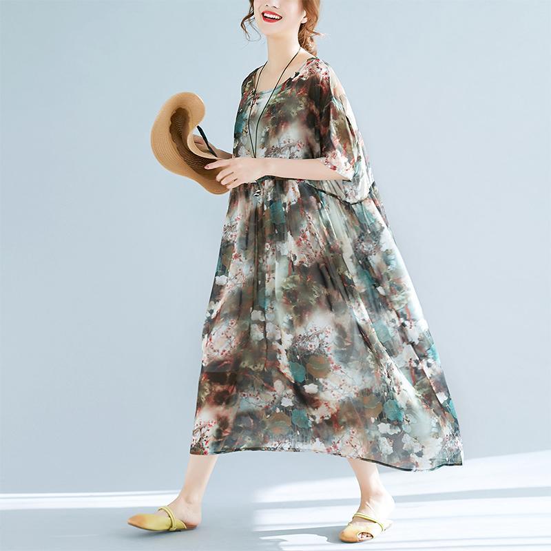 baggy prints pure chiffon dress oversize chiffon maxi dress 2018short sleeve elastic waist chiffon dress - Omychic