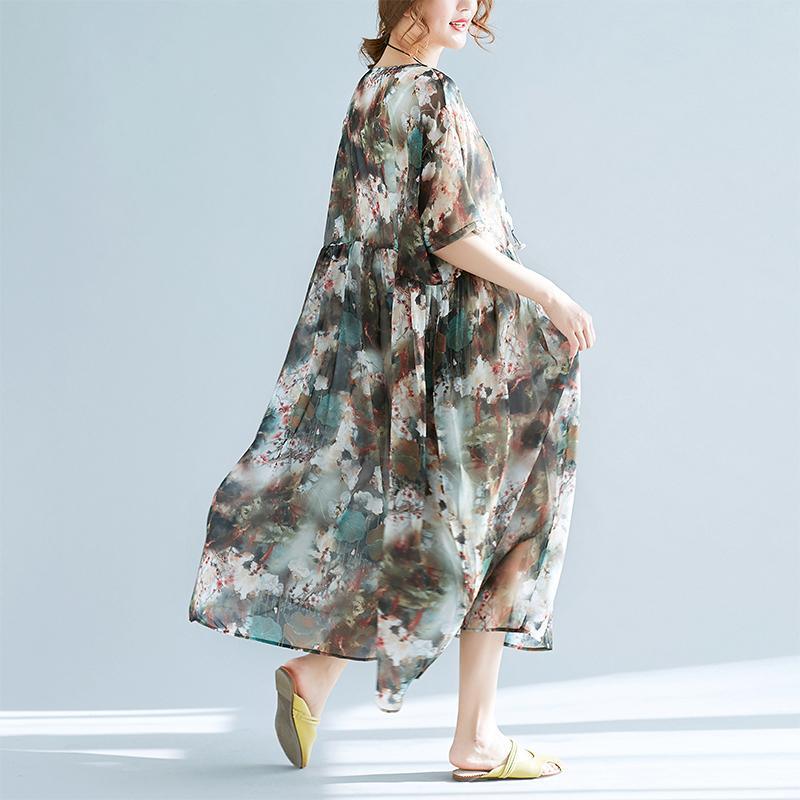 baggy prints pure chiffon dress oversize chiffon maxi dress 2018short sleeve elastic waist chiffon dress - Omychic