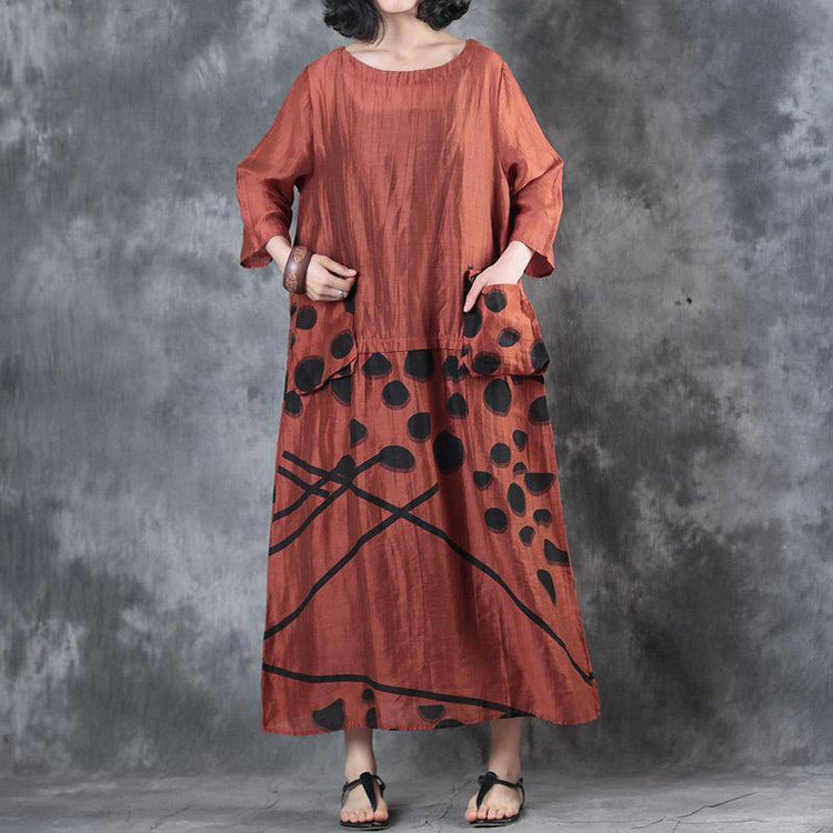 baggy red  long silk linen dress casual big pockets linen gown Fine patchwork caftans - Omychic