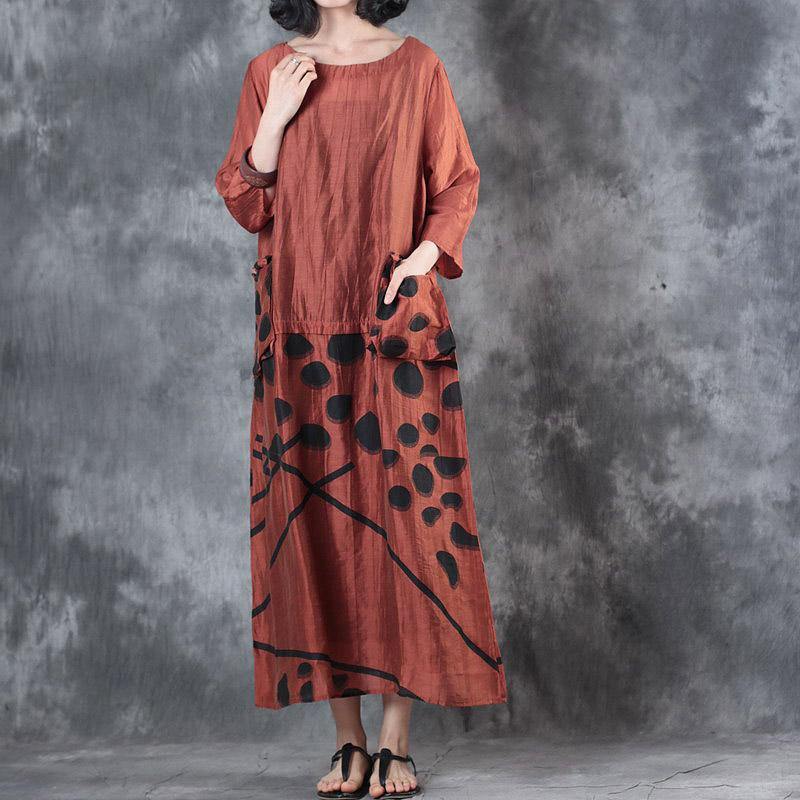 baggy red  long silk linen dress casual big pockets linen gown Fine patchwork caftans - Omychic