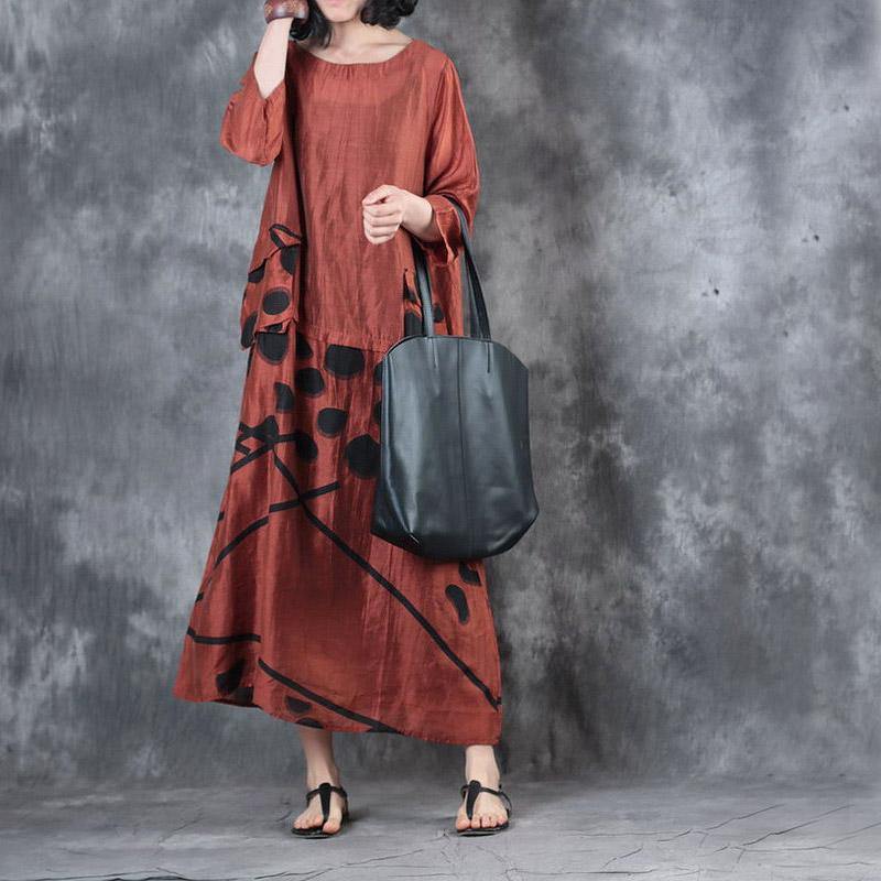 baggy red  long silk linen dress casual big pockets linen gown Fine patchwork caftans - Omychic