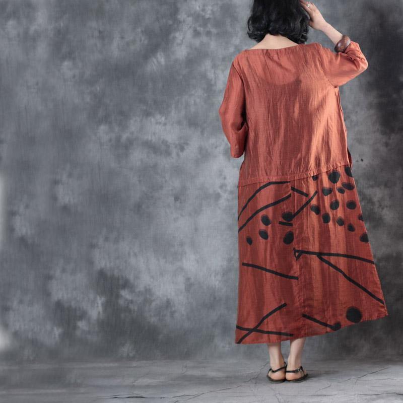 baggy red  long silk linen dress casual big pockets linen gown Fine patchwork caftans - Omychic