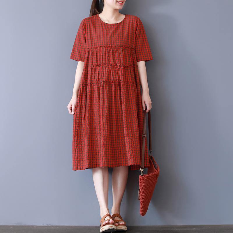 baggy red plaid natural cotton dress  Loose fitting casual dress casual o neck patchwork midi dress - Omychic