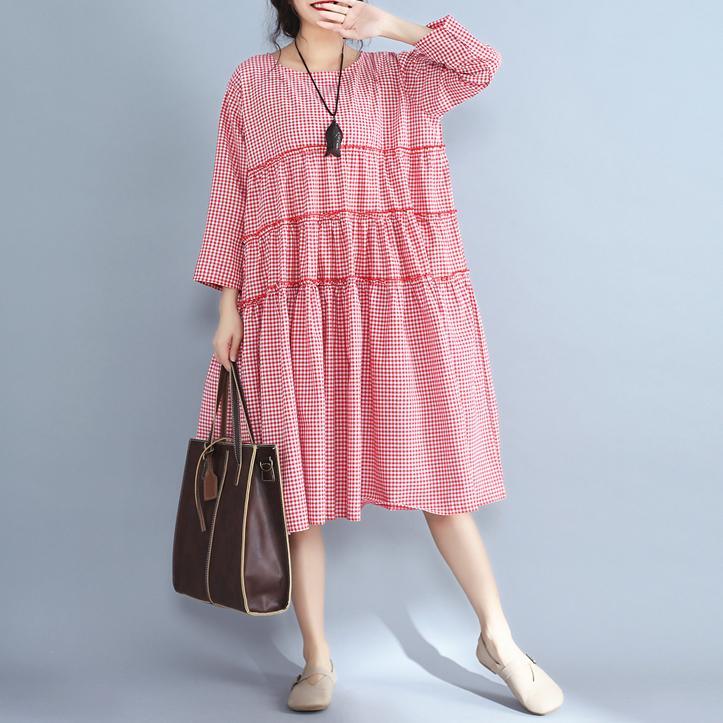 baggy red plaid  pure linen dresses plus size clothing shirt dress casual patchwork o neck midi dress - Omychic
