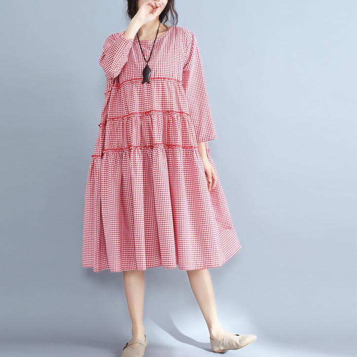 baggy red plaid  pure linen dresses plus size clothing shirt dress casual patchwork o neck midi dress - Omychic