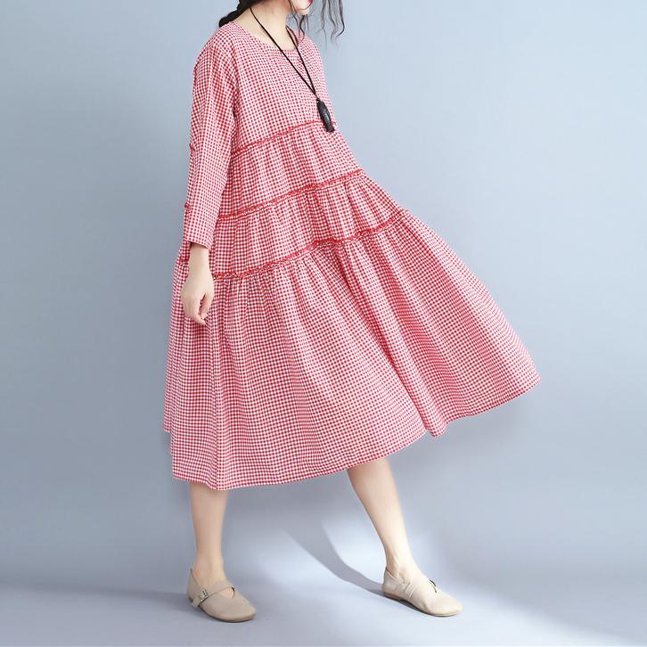 baggy red plaid  pure linen dresses plus size clothing shirt dress casual patchwork o neck midi dress - Omychic