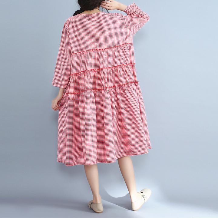 baggy red plaid  pure linen dresses plus size clothing shirt dress casual patchwork o neck midi dress - Omychic