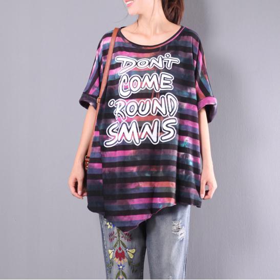 baggy striped alphabet print cotton tops oversize asymmetric blouse short sleeve t shirt - Omychic