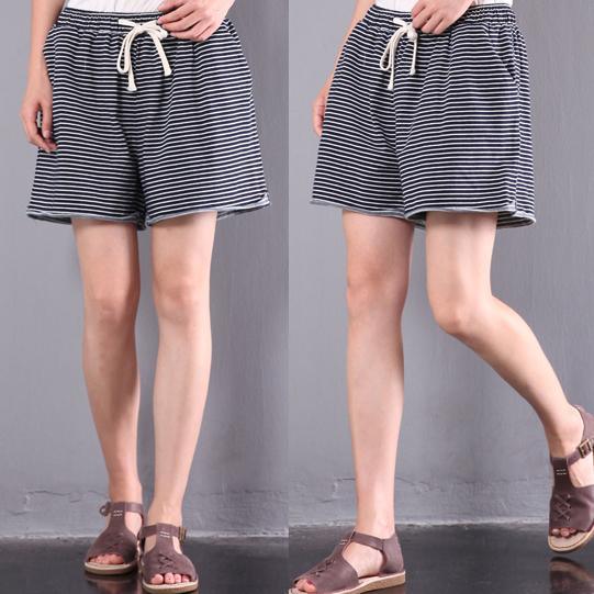 baggy stylish navy striped pants plus size cotton elastic waist shorts - Omychic