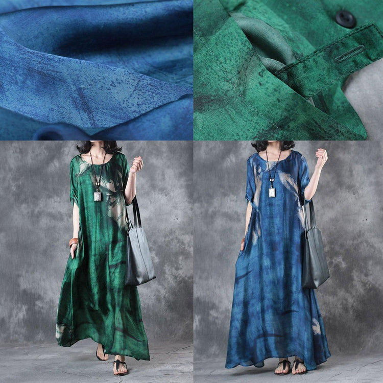 baggy summer blue print silk dresses oversize draping sundress short sleeve maxi dress - Omychic