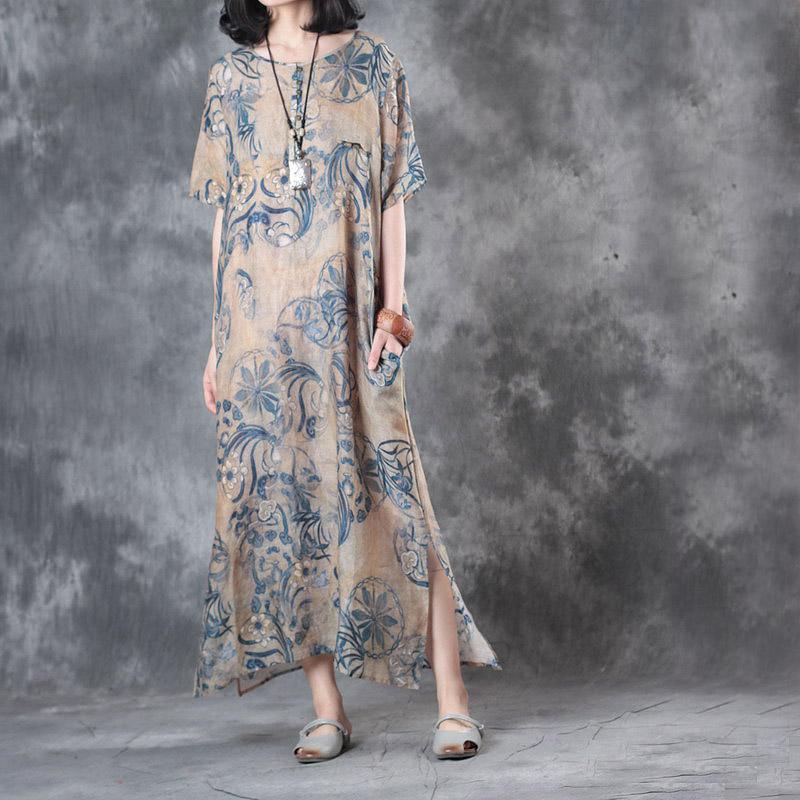 baggy summer blue prints linen dresses oversize vintage sundress short sleeve  maxi dress side open - Omychic